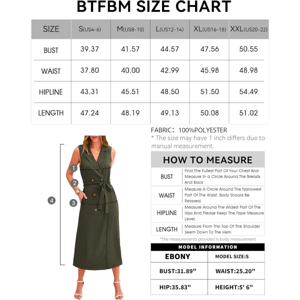 BTFBM Casual Business Dress 2024 Summer Work Office Lapel V Neck Slit Belted Sleeveless Button Down Dresses with PocketsSolid Army Green