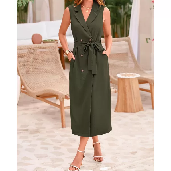 BTFBM Casual Business Dress 2024 Summer Work Office Lapel V Neck Slit Belted Sleeveless Button Down Dresses with PocketsSolid Army Green