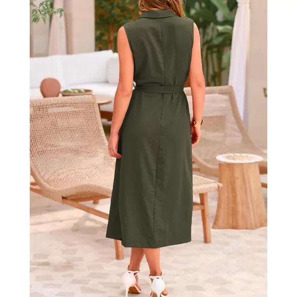 BTFBM Casual Business Dress 2024 Summer Work Office Lapel V Neck Slit Belted Sleeveless Button Down Dresses with PocketsSolid Army Green
