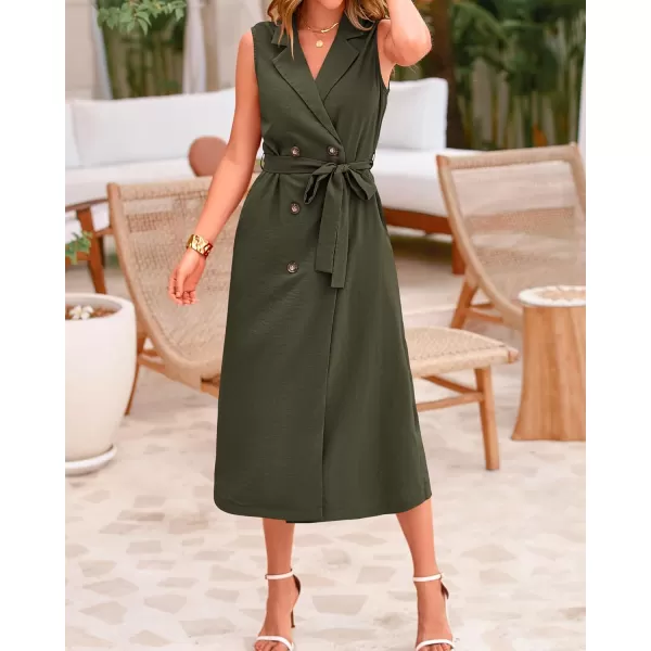 BTFBM Casual Business Dress 2024 Summer Work Office Lapel V Neck Slit Belted Sleeveless Button Down Dresses with PocketsSolid Army Green