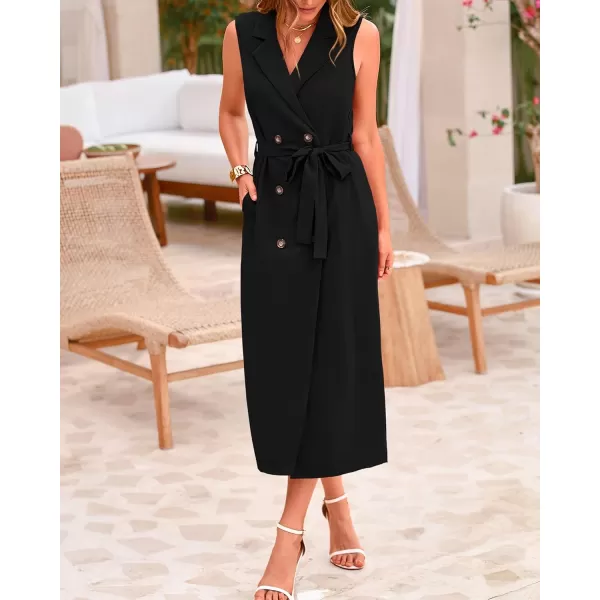 BTFBM Casual Business Dress 2024 Summer Work Office Lapel V Neck Slit Belted Sleeveless Button Down Dresses with PocketsSolid Black