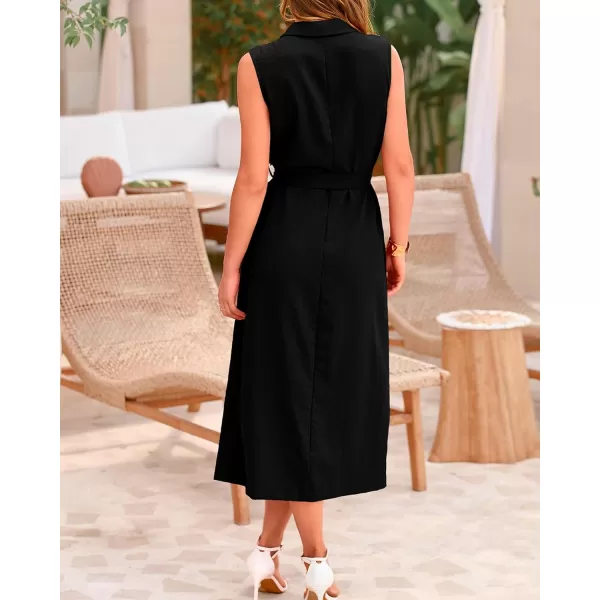 BTFBM Casual Business Dress 2024 Summer Work Office Lapel V Neck Slit Belted Sleeveless Button Down Dresses with PocketsSolid Black