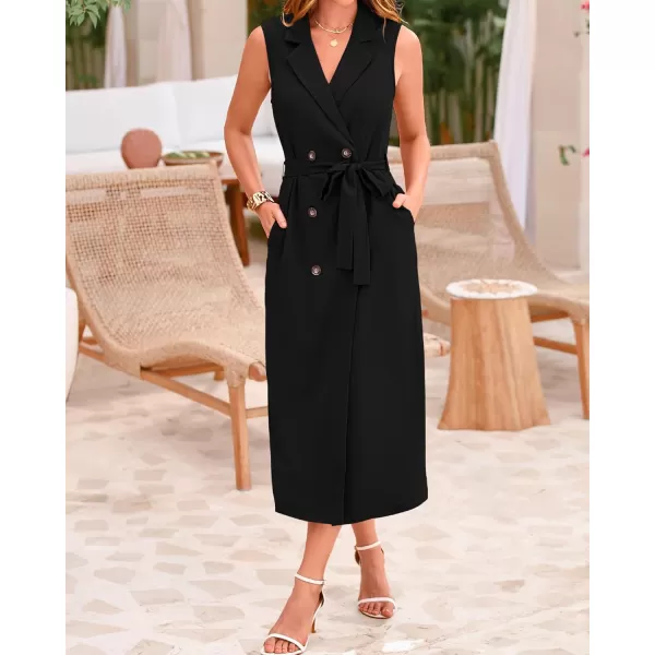 BTFBM Casual Business Dress 2024 Summer Work Office Lapel V Neck Slit Belted Sleeveless Button Down Dresses with PocketsSolid Black