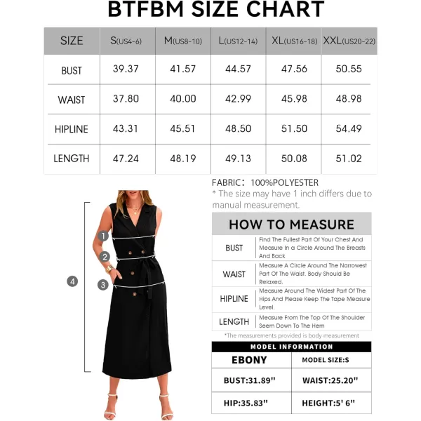 BTFBM Casual Business Dress 2024 Summer Work Office Lapel V Neck Slit Belted Sleeveless Button Down Dresses with PocketsSolid Black