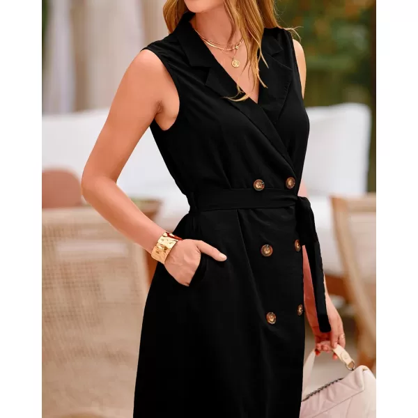 BTFBM Casual Business Dress 2024 Summer Work Office Lapel V Neck Slit Belted Sleeveless Button Down Dresses with PocketsSolid Black