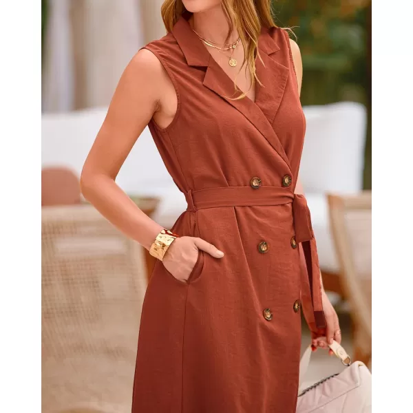BTFBM Casual Business Dress 2024 Summer Work Office Lapel V Neck Slit Belted Sleeveless Button Down Dresses with PocketsSolid Brick Red