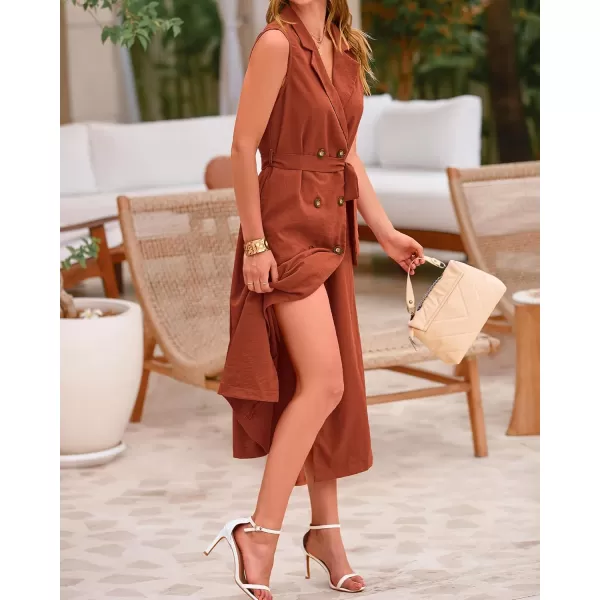 BTFBM Casual Business Dress 2024 Summer Work Office Lapel V Neck Slit Belted Sleeveless Button Down Dresses with PocketsSolid Brick Red