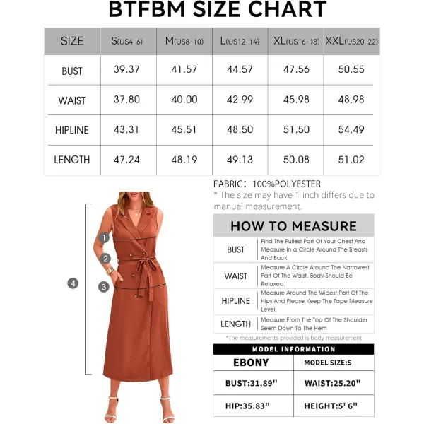 BTFBM Casual Business Dress 2024 Summer Work Office Lapel V Neck Slit Belted Sleeveless Button Down Dresses with PocketsSolid Brick Red