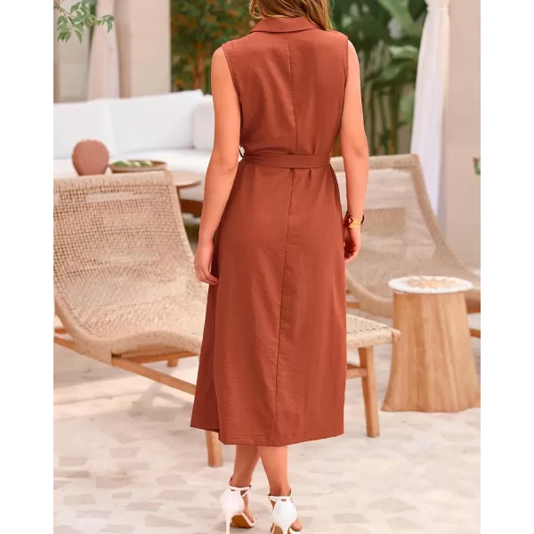 BTFBM Casual Business Dress 2024 Summer Work Office Lapel V Neck Slit Belted Sleeveless Button Down Dresses with PocketsSolid Brick Red