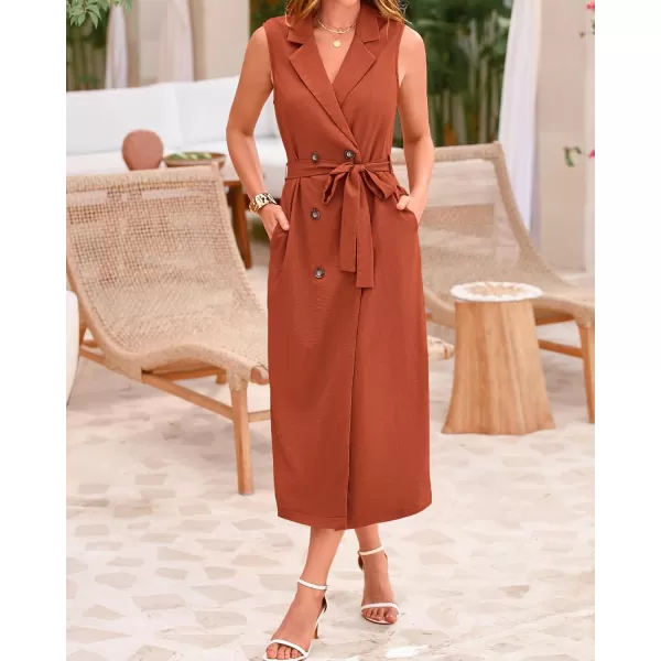 BTFBM Casual Business Dress 2024 Summer Work Office Lapel V Neck Slit Belted Sleeveless Button Down Dresses with PocketsSolid Brick Red