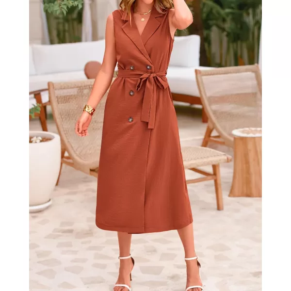 BTFBM Casual Business Dress 2024 Summer Work Office Lapel V Neck Slit Belted Sleeveless Button Down Dresses with PocketsSolid Brick Red