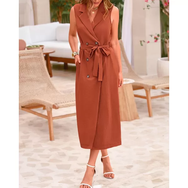 BTFBM Casual Business Dress 2024 Summer Work Office Lapel V Neck Slit Belted Sleeveless Button Down Dresses with PocketsSolid Brick Red