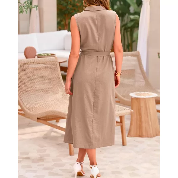BTFBM Casual Business Dress 2024 Summer Work Office Lapel V Neck Slit Belted Sleeveless Button Down Dresses with PocketsSolid Khaki
