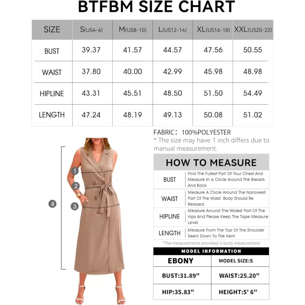 BTFBM Casual Business Dress 2024 Summer Work Office Lapel V Neck Slit Belted Sleeveless Button Down Dresses with PocketsSolid Khaki
