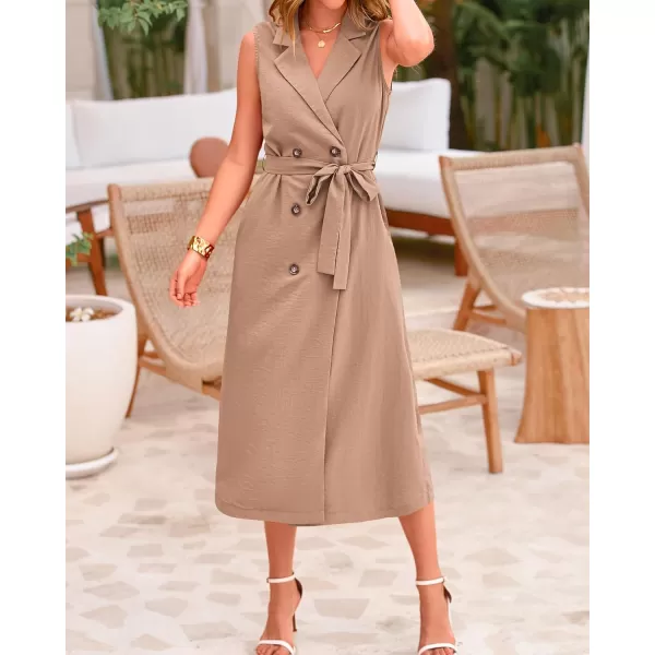 BTFBM Casual Business Dress 2024 Summer Work Office Lapel V Neck Slit Belted Sleeveless Button Down Dresses with PocketsSolid Khaki