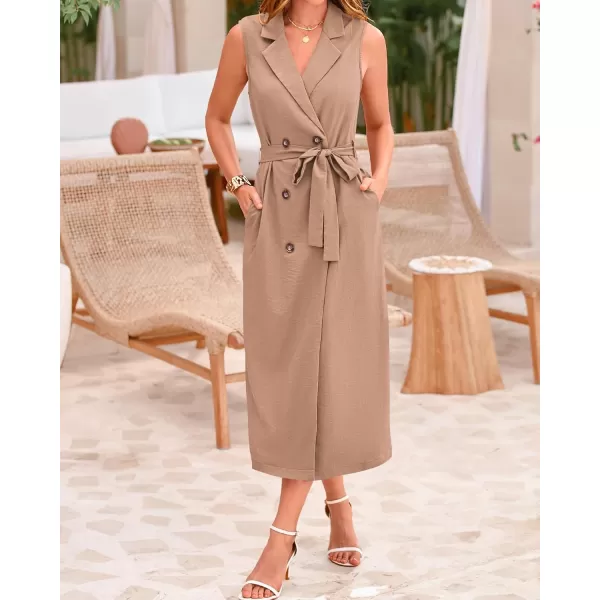 BTFBM Casual Business Dress 2024 Summer Work Office Lapel V Neck Slit Belted Sleeveless Button Down Dresses with PocketsSolid Khaki