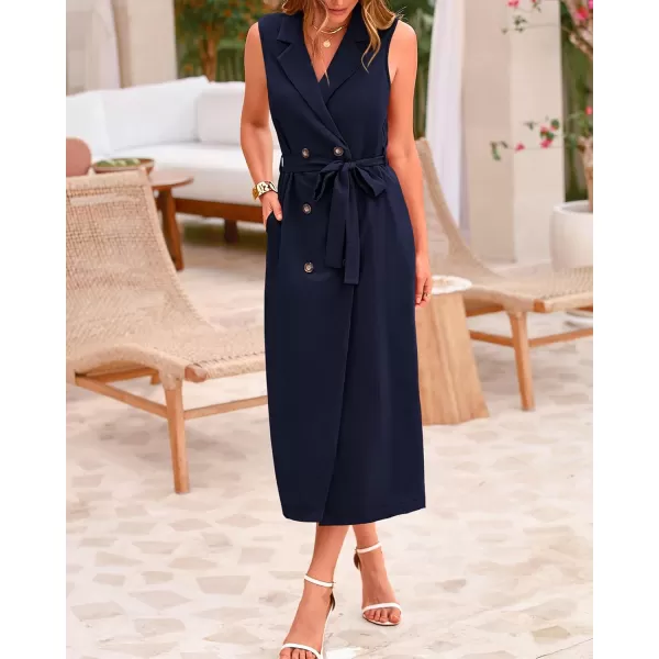 BTFBM Casual Business Dress 2024 Summer Work Office Lapel V Neck Slit Belted Sleeveless Button Down Dresses with PocketsSolid Navy