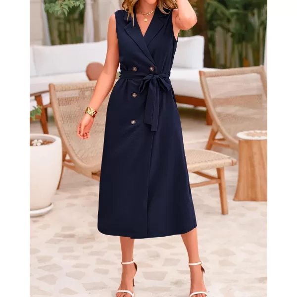 BTFBM Casual Business Dress 2024 Summer Work Office Lapel V Neck Slit Belted Sleeveless Button Down Dresses with PocketsSolid Navy