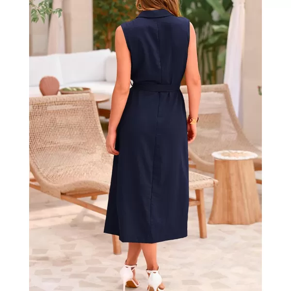 BTFBM Casual Business Dress 2024 Summer Work Office Lapel V Neck Slit Belted Sleeveless Button Down Dresses with PocketsSolid Navy
