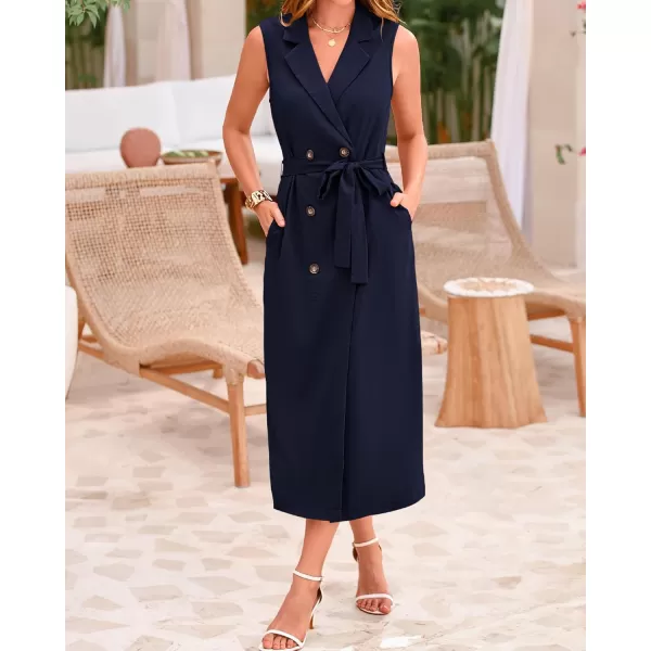 BTFBM Casual Business Dress 2024 Summer Work Office Lapel V Neck Slit Belted Sleeveless Button Down Dresses with PocketsSolid Navy