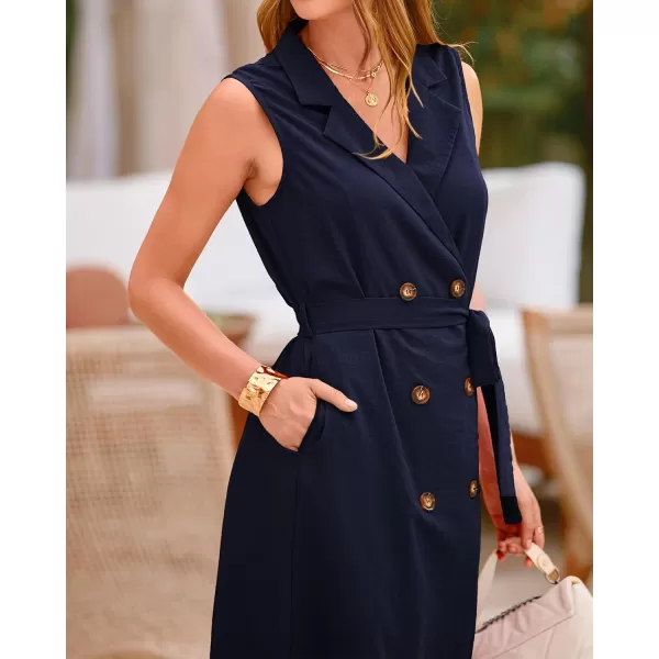 BTFBM Casual Business Dress 2024 Summer Work Office Lapel V Neck Slit Belted Sleeveless Button Down Dresses with PocketsSolid Navy