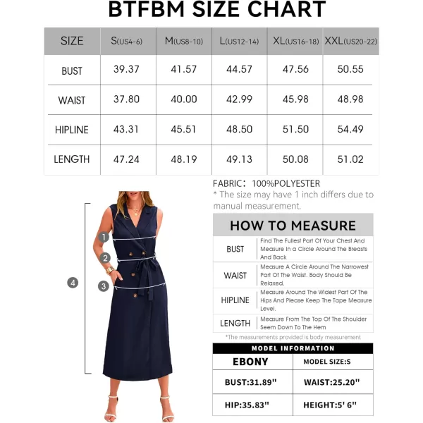 BTFBM Casual Business Dress 2024 Summer Work Office Lapel V Neck Slit Belted Sleeveless Button Down Dresses with PocketsSolid Navy