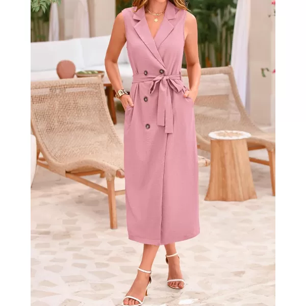 BTFBM Casual Business Dress 2024 Summer Work Office Lapel V Neck Slit Belted Sleeveless Button Down Dresses with PocketsSolid Pink