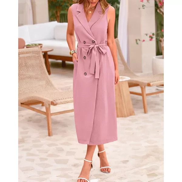 BTFBM Casual Business Dress 2024 Summer Work Office Lapel V Neck Slit Belted Sleeveless Button Down Dresses with PocketsSolid Pink