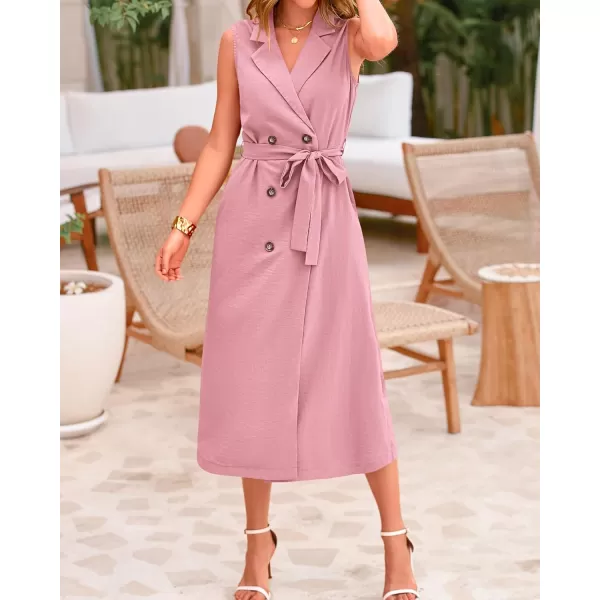 BTFBM Casual Business Dress 2024 Summer Work Office Lapel V Neck Slit Belted Sleeveless Button Down Dresses with PocketsSolid Pink