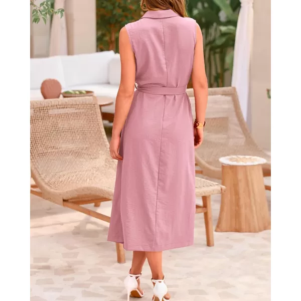 BTFBM Casual Business Dress 2024 Summer Work Office Lapel V Neck Slit Belted Sleeveless Button Down Dresses with PocketsSolid Pink