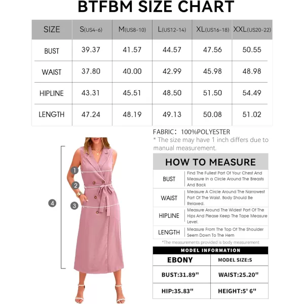 BTFBM Casual Business Dress 2024 Summer Work Office Lapel V Neck Slit Belted Sleeveless Button Down Dresses with PocketsSolid Pink