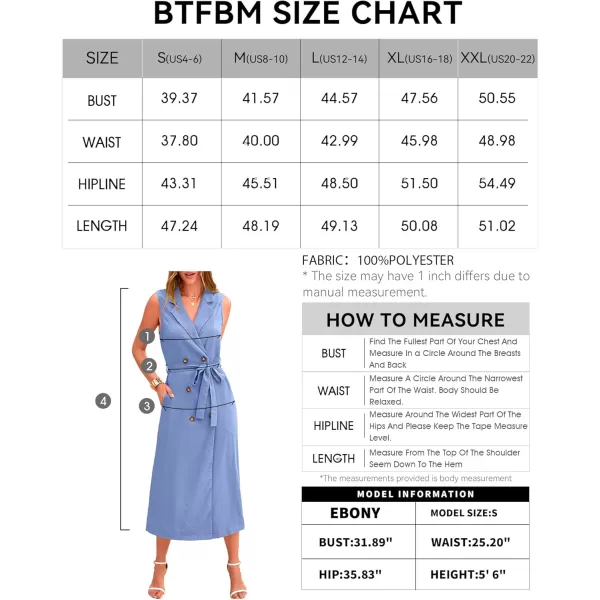 BTFBM Casual Business Dress 2024 Summer Work Office Lapel V Neck Slit Belted Sleeveless Button Down Dresses with PocketsSolid Sky Blue