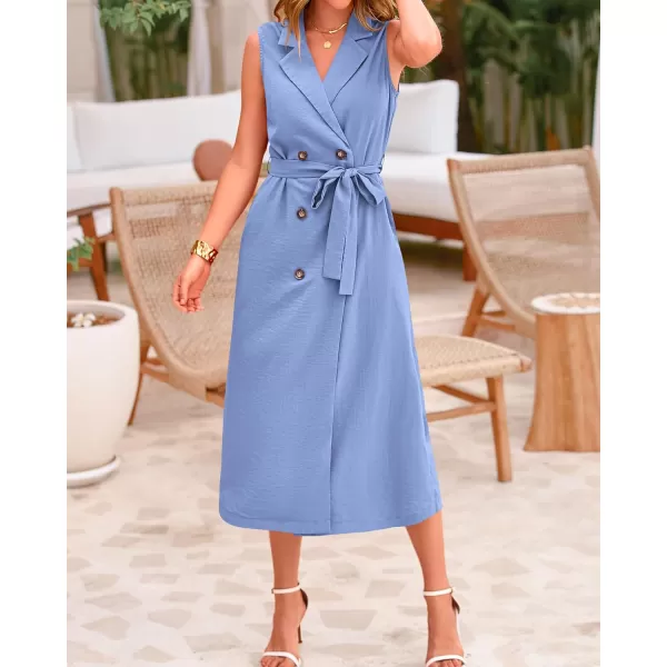 BTFBM Casual Business Dress 2024 Summer Work Office Lapel V Neck Slit Belted Sleeveless Button Down Dresses with PocketsSolid Sky Blue