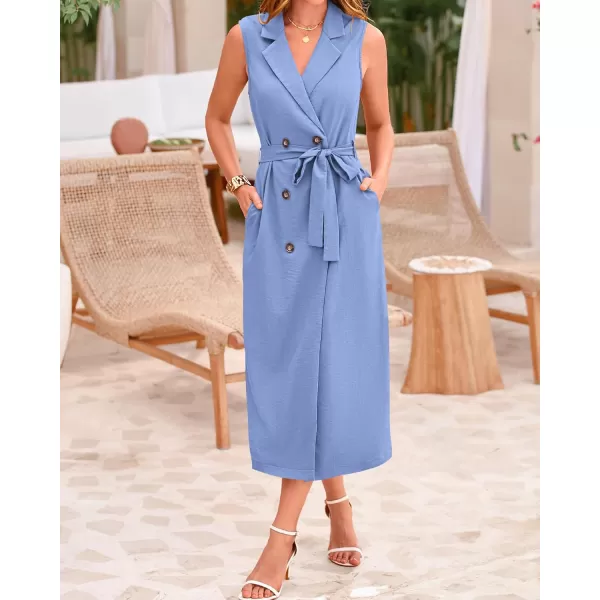 BTFBM Casual Business Dress 2024 Summer Work Office Lapel V Neck Slit Belted Sleeveless Button Down Dresses with PocketsSolid Sky Blue