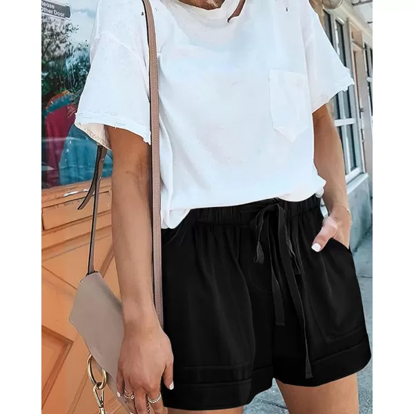 BTFBM Women 2024 Casual Shorts Solid Color Elastic Waist Drawstring Pockets Lightweight Summer Beach Short Lounge PantsBlack