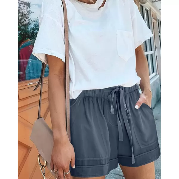 BTFBM Women 2024 Casual Shorts Solid Color Elastic Waist Drawstring Pockets Lightweight Summer Beach Short Lounge PantsBlue