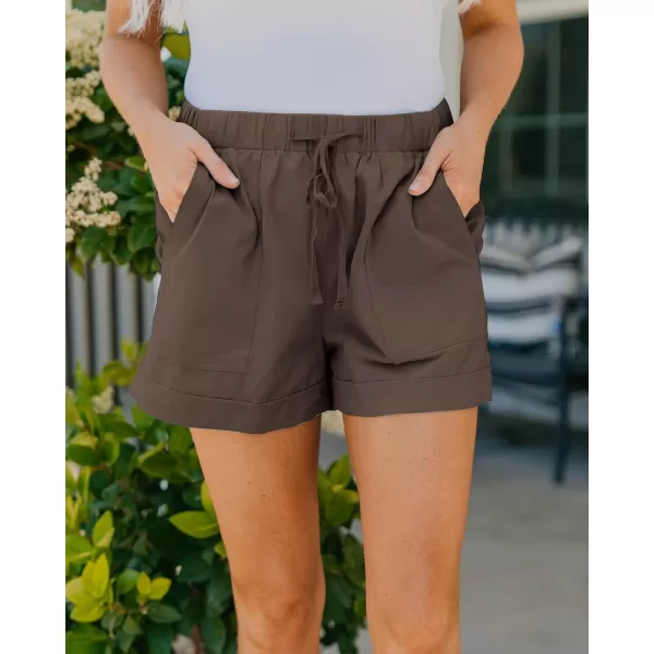 BTFBM Women 2024 Casual Shorts Solid Color Elastic Waist Drawstring Pockets Lightweight Summer Beach Short Lounge PantsSolid Brown