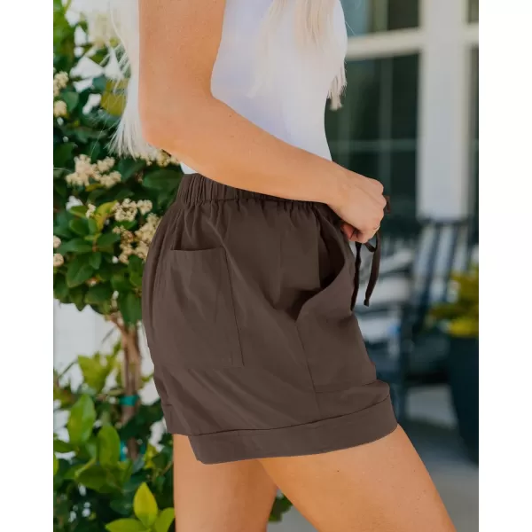 BTFBM Women 2024 Casual Shorts Solid Color Elastic Waist Drawstring Pockets Lightweight Summer Beach Short Lounge PantsSolid Brown