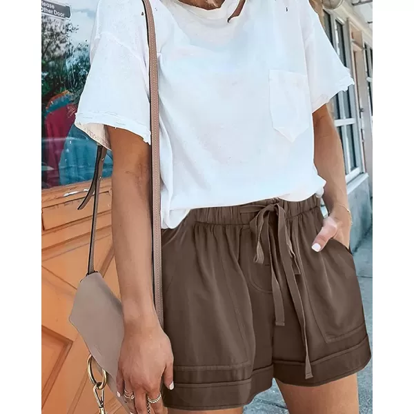 BTFBM Women 2024 Casual Shorts Solid Color Elastic Waist Drawstring Pockets Lightweight Summer Beach Short Lounge PantsSolid Brown