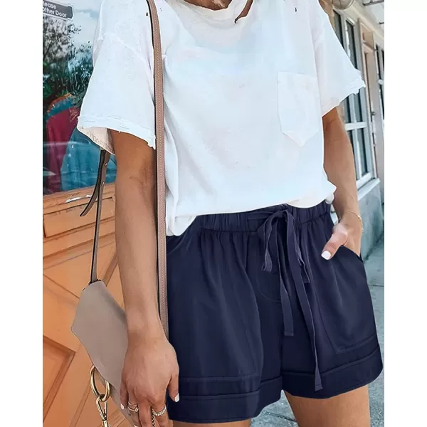 BTFBM Women 2024 Casual Shorts Solid Color Elastic Waist Drawstring Pockets Lightweight Summer Beach Short Lounge PantsSolid Dark Blue