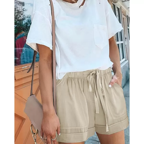 BTFBM Women 2024 Casual Shorts Solid Color Elastic Waist Drawstring Pockets Lightweight Summer Beach Short Lounge PantsSolid Khaki