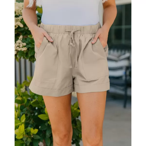 BTFBM Women 2024 Casual Shorts Solid Color Elastic Waist Drawstring Pockets Lightweight Summer Beach Short Lounge PantsSolid Khaki