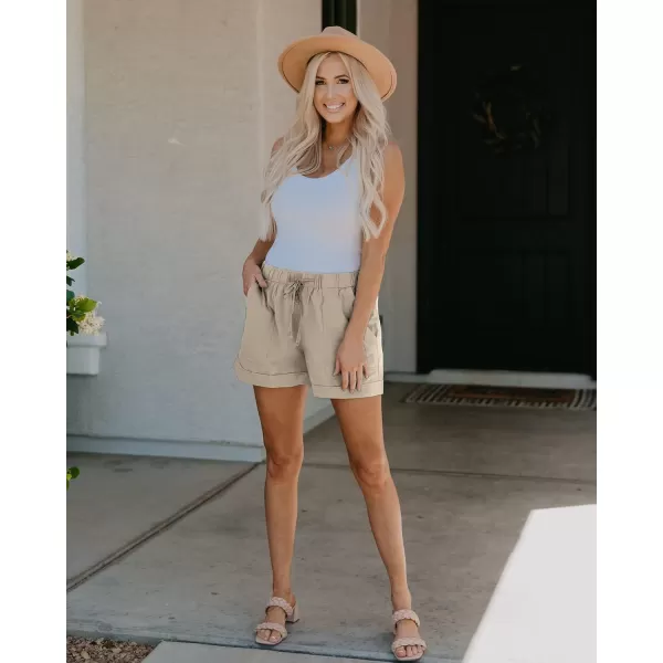 BTFBM Women 2024 Casual Shorts Solid Color Elastic Waist Drawstring Pockets Lightweight Summer Beach Short Lounge PantsSolid Khaki
