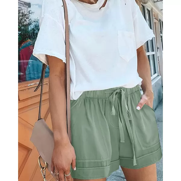 BTFBM Women 2024 Casual Shorts Solid Color Elastic Waist Drawstring Pockets Lightweight Summer Beach Short Lounge PantsSolid Light Green