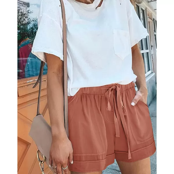 BTFBM Women 2024 Casual Shorts Solid Color Elastic Waist Drawstring Pockets Lightweight Summer Beach Short Lounge PantsSolid Orange