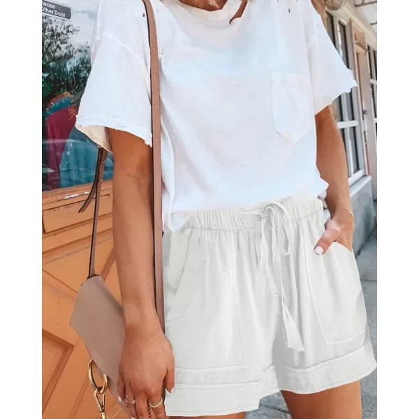BTFBM Women 2024 Casual Shorts Solid Color Elastic Waist Drawstring Pockets Lightweight Summer Beach Short Lounge PantsSolid White