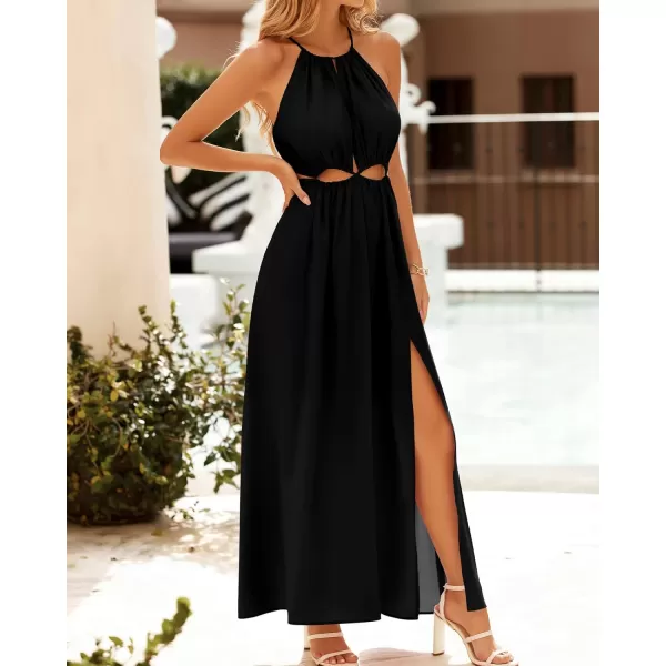 BTFBM Women 2024 Summer Sleeveless Halter Maxi Dress Cutout Backless Slit Boho Party Cocktail Casual Beach Sun DressesSolid Black