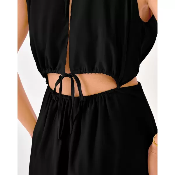 BTFBM Women 2024 Summer Sleeveless Halter Maxi Dress Cutout Backless Slit Boho Party Cocktail Casual Beach Sun DressesSolid Black