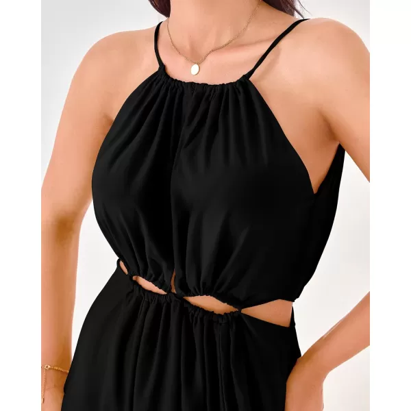 BTFBM Women 2024 Summer Sleeveless Halter Maxi Dress Cutout Backless Slit Boho Party Cocktail Casual Beach Sun DressesSolid Black
