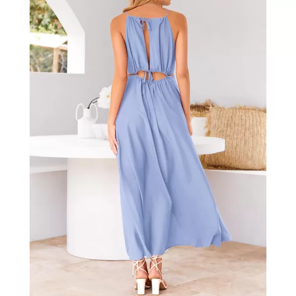 BTFBM Women 2024 Summer Sleeveless Halter Maxi Dress Cutout Backless Slit Boho Party Cocktail Casual Beach Sun DressesSolid Blue
